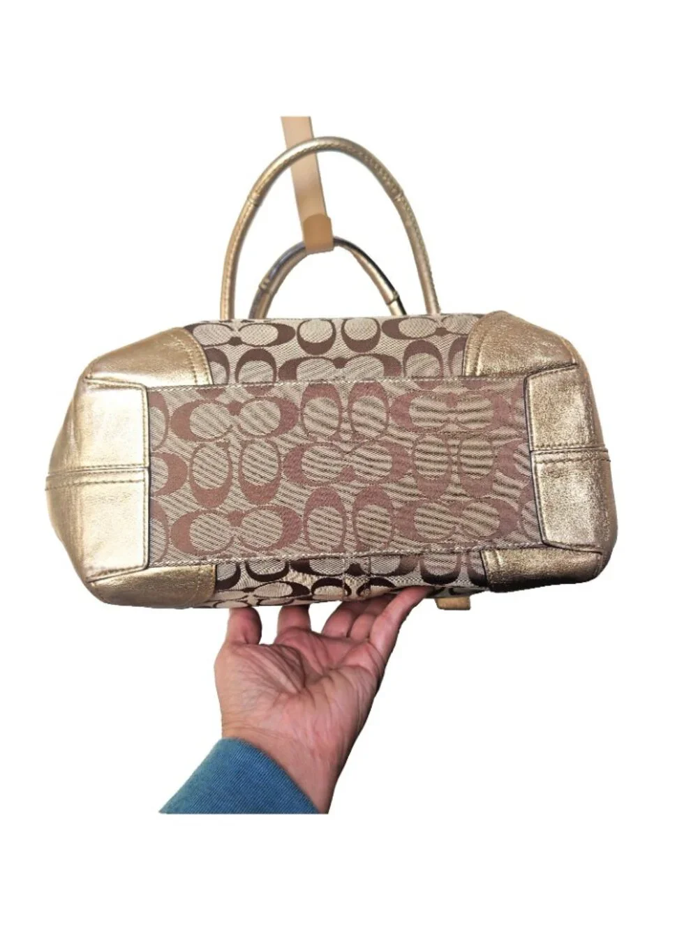 COACH BLEECKER Signatue TOTE Satchel BAG Gold Tan Leather Fabric